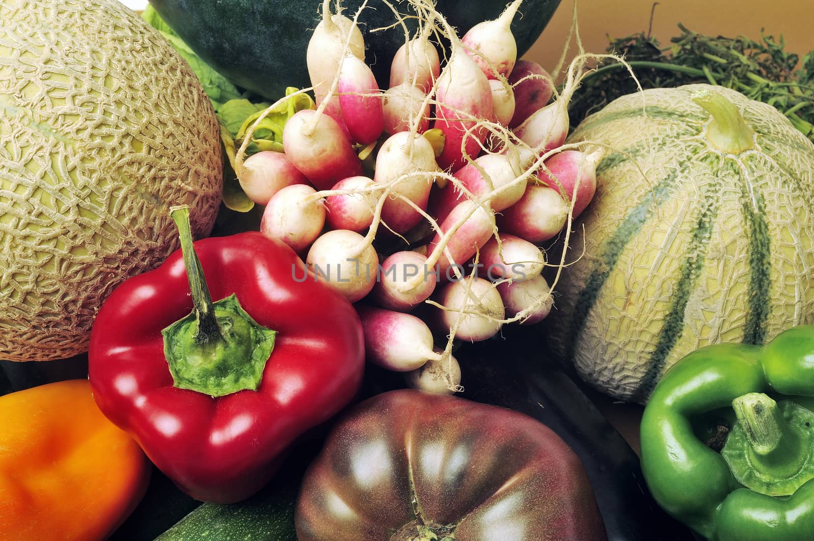 crates of fruit and vegetables on white background in studio. by gillespaire