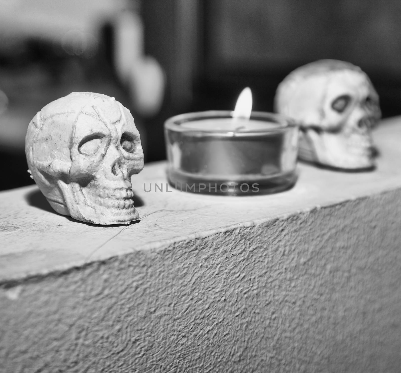 Skulls with small candle, black and wihite image