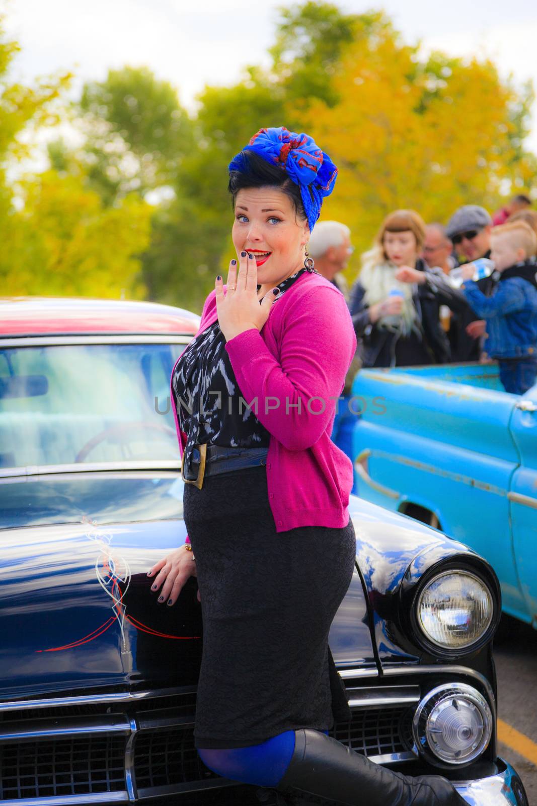 THORNCLIFF CALGARY CANADA, SEPT 13 2014: The annual Show and Shine with Pin Up Girls "Cars before 1964"