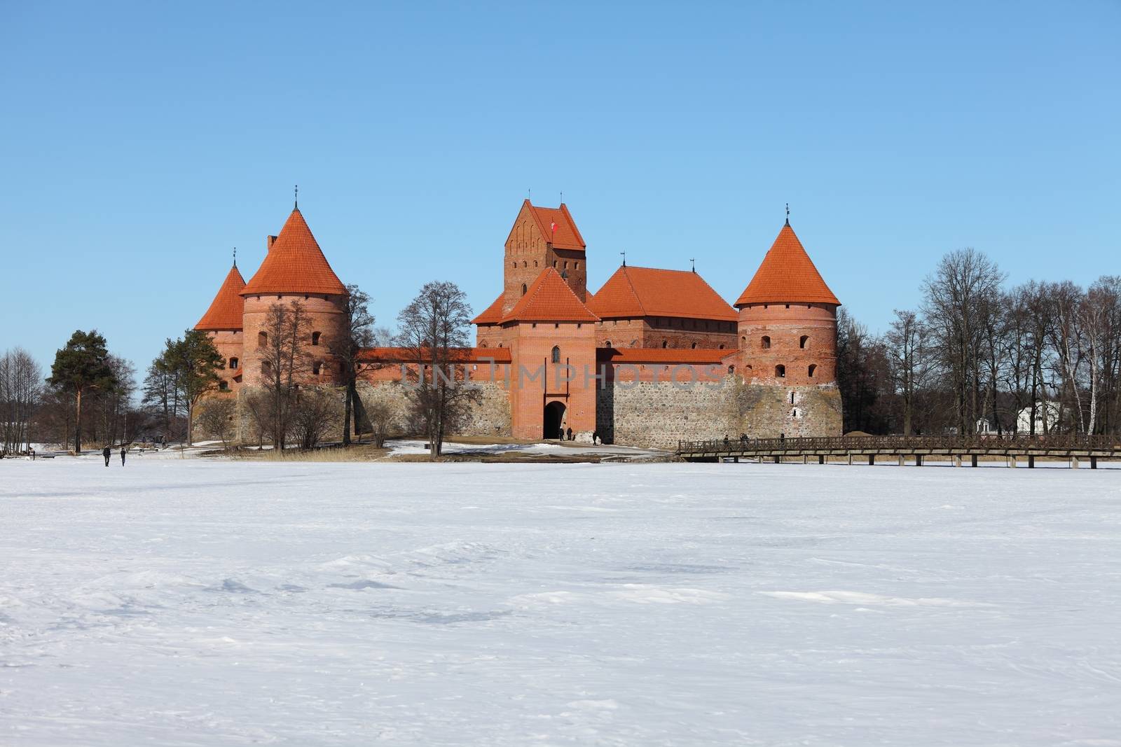 Trakai castle in Lithuania with frozen lake