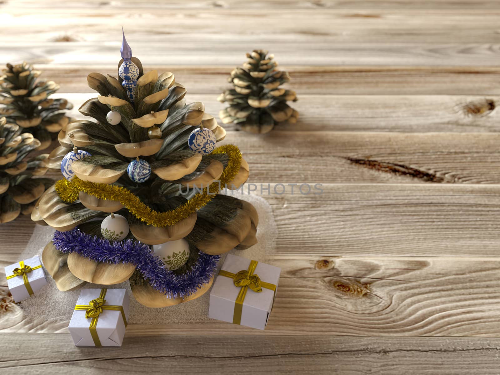 Christmas cone with gifts on wood texture concept holiday background by denisgo