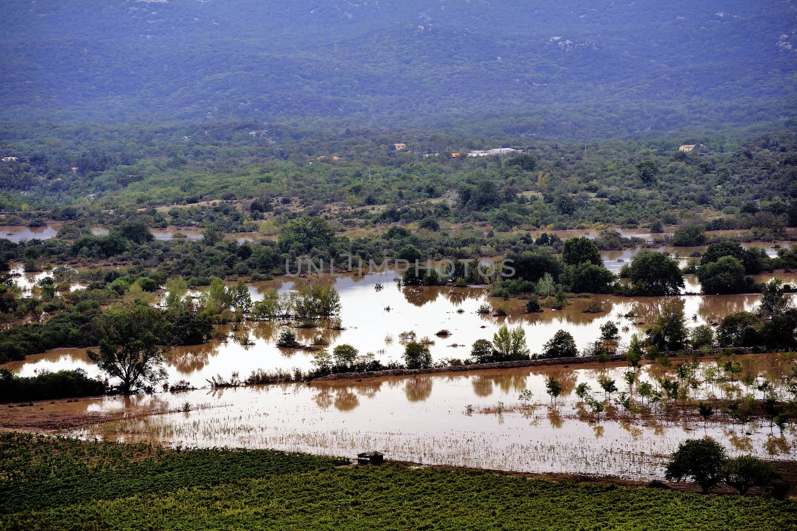 Country landscape flooded after heavy rains in Saint-Hippolyte-du-Fort, a small French town in the foothills of the Cevennes Gard.