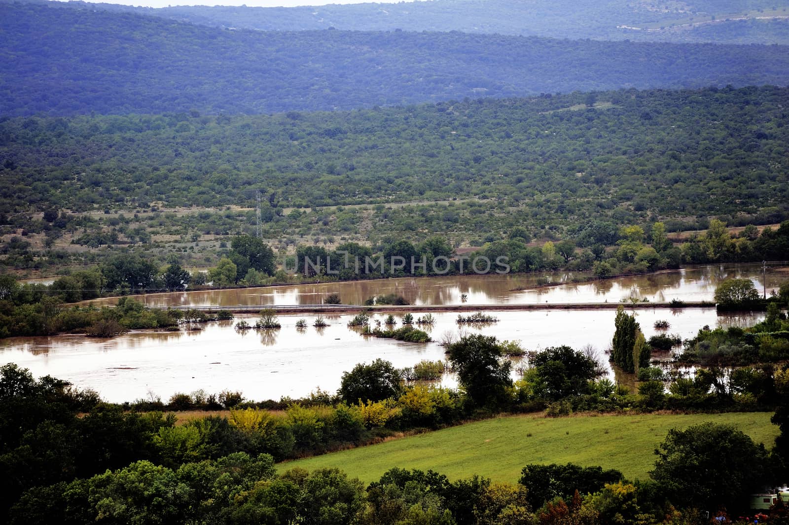 Country landscape flooded after heavy rains in Saint-Hippolyte-du-Fort, a small French town in the foothills of the Cevennes Gard.