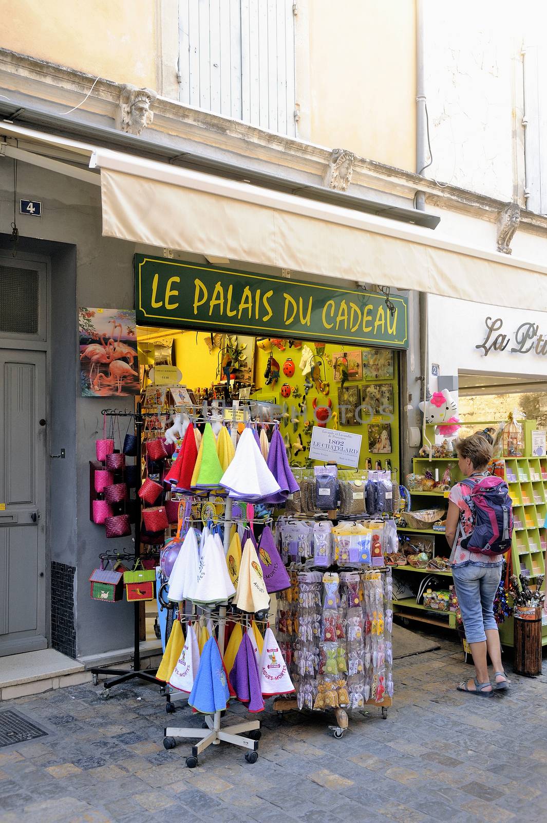Souvenirs and gadgets in Aigues-Mortes street, Camargue in the south-east of France.