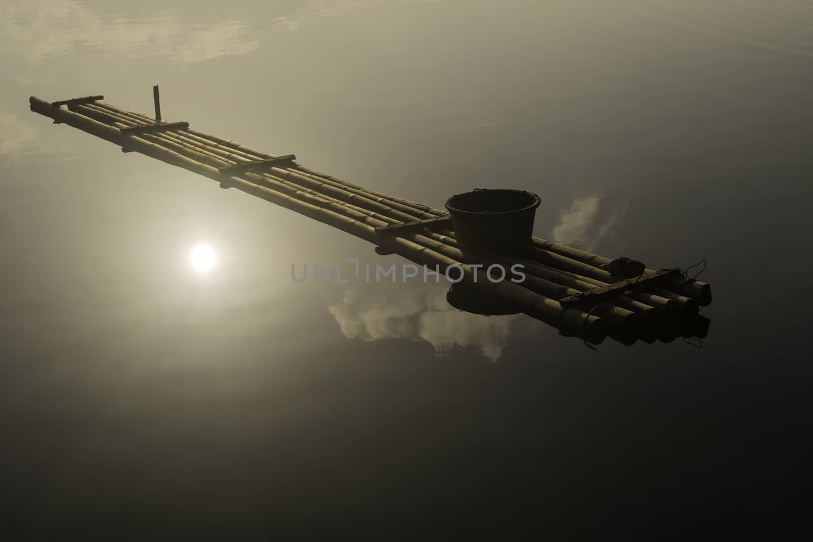 Sunrise over a bamboo fishing raft on a lake, Philippines