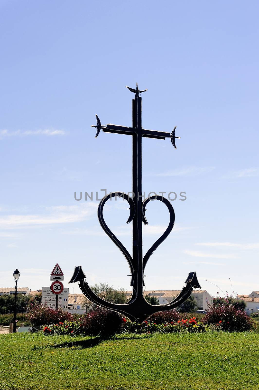 Camarguaise cross the center of a roundabout in the French town of Saintes-Maries-de-la-Mer.