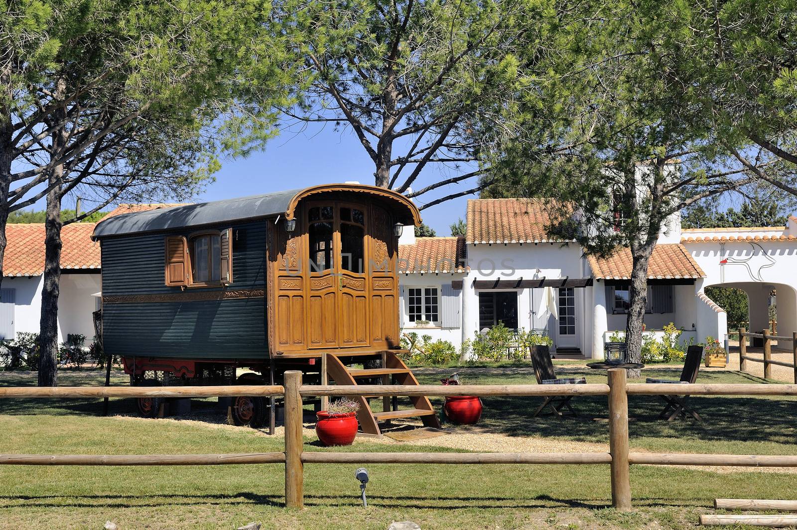 gypsy caravan used as decoration in France in Saintes-Maries-de-la-Mer in a property.