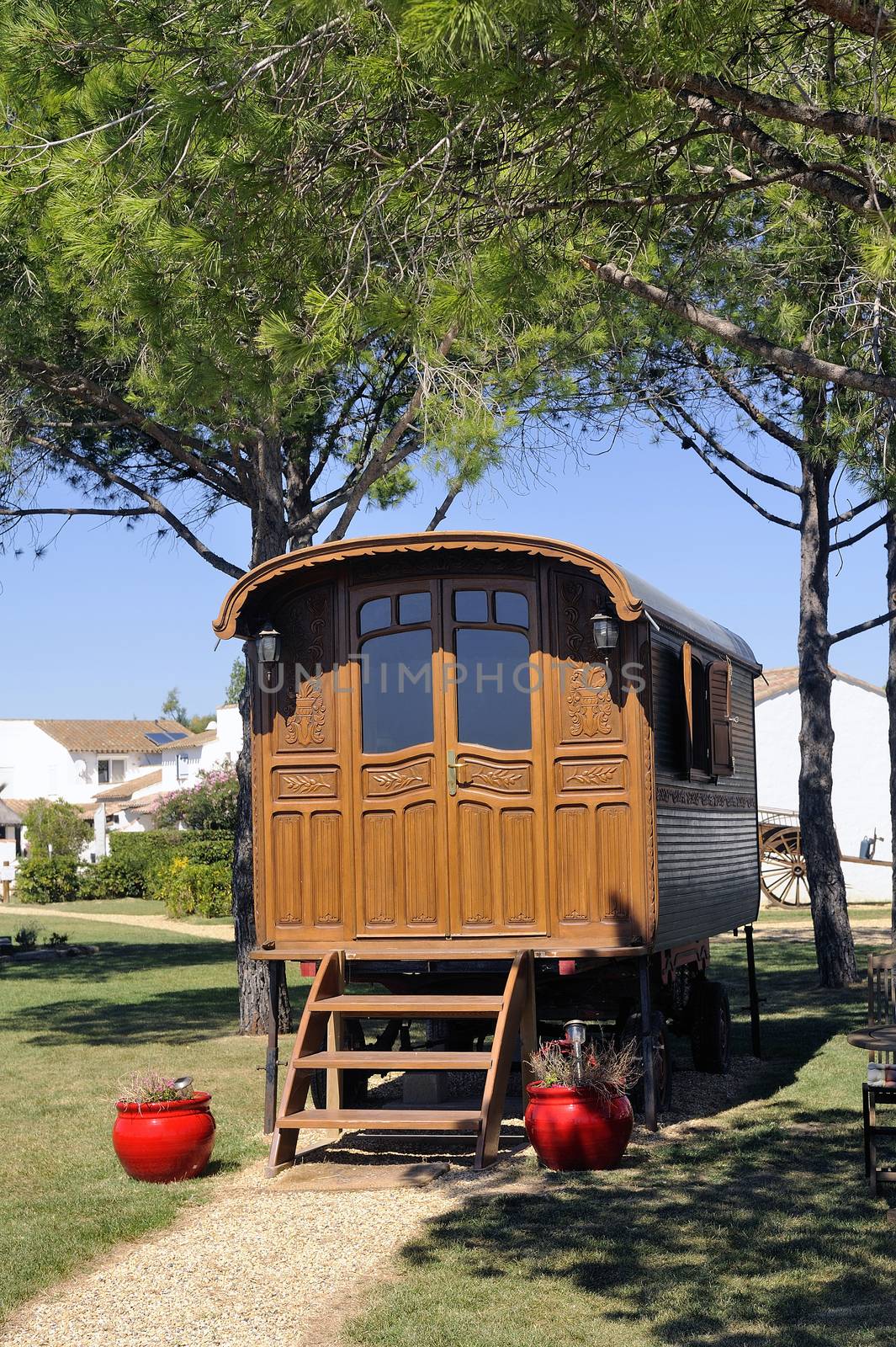 gypsy caravan used as decoration in France in Saintes-Maries-de-la-Mer in a property.