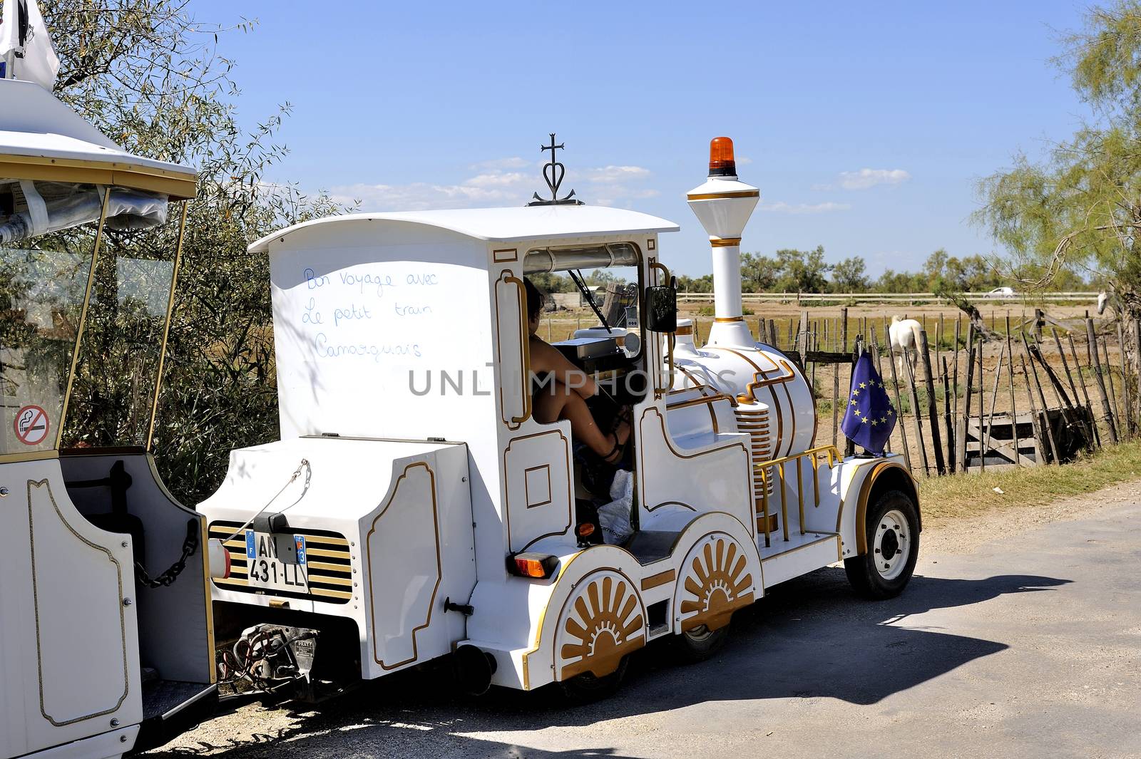 The locomotive of the little train ride Saintes-Maries-de-la-Mer that makes visiting the city and its environs Camargue tourists.