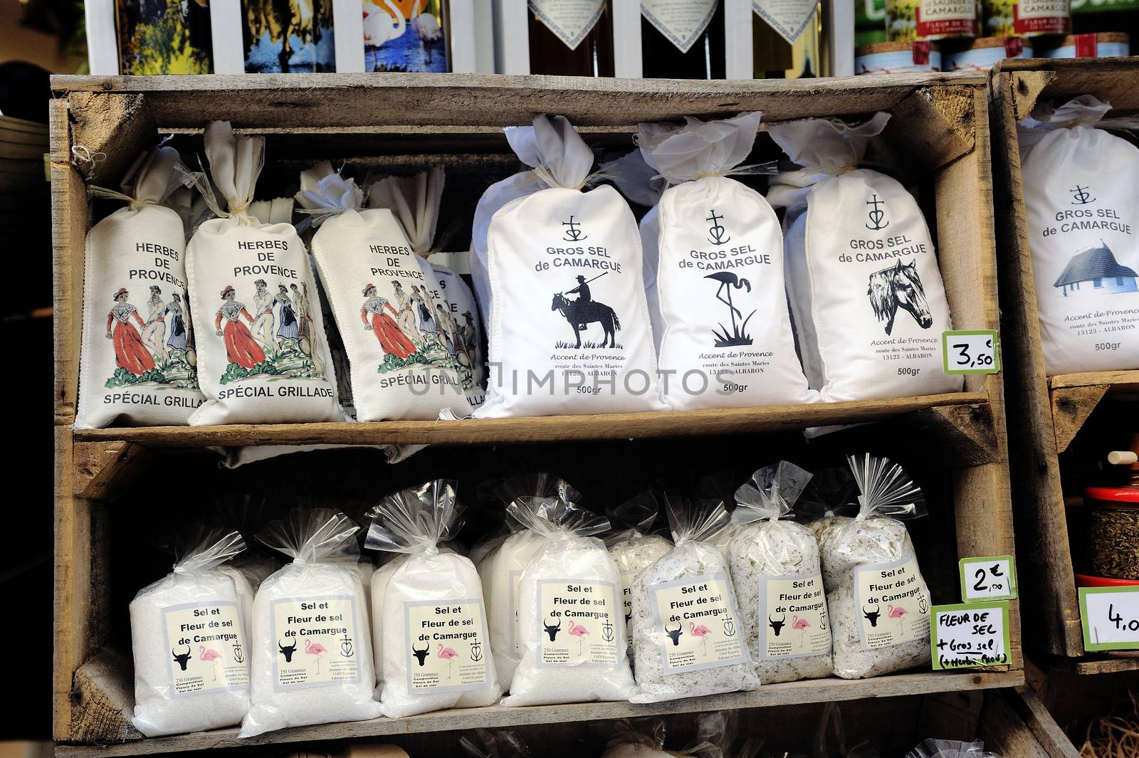 Bags of salt produced in the Camargue in Aigues-Mortes, here sold in a shop of Saintes-Maries-de-la-Mer in memory of the area for tourists.