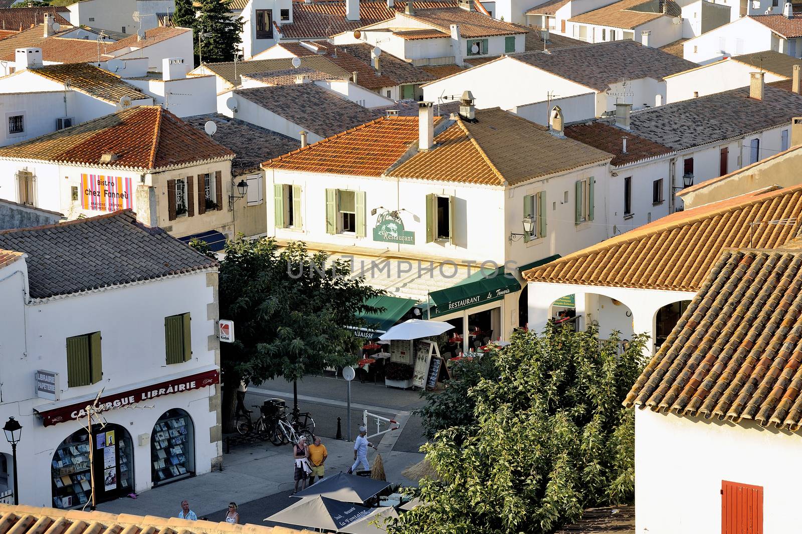 A pedestrian street of Saintes-Maries-de-la-Mer view from the roof of the church.