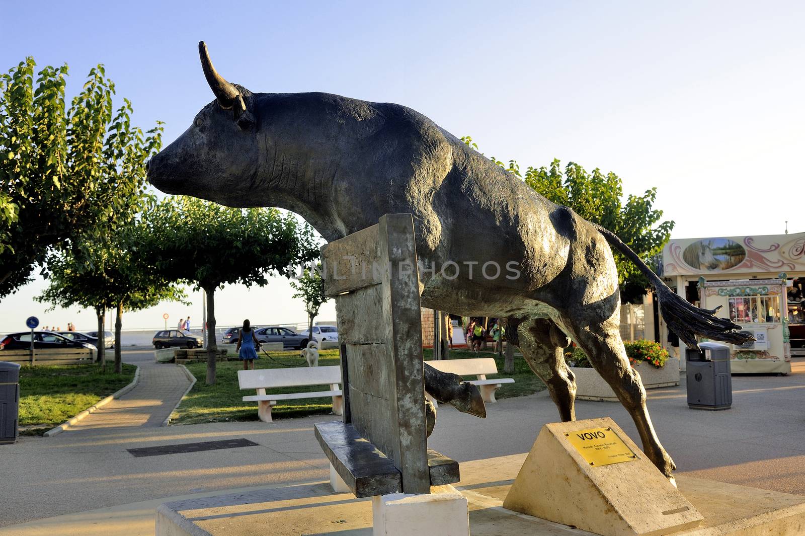 Vovo bull sculpture in the town of Saintes-Married-de-la-Mer in the Camargue center