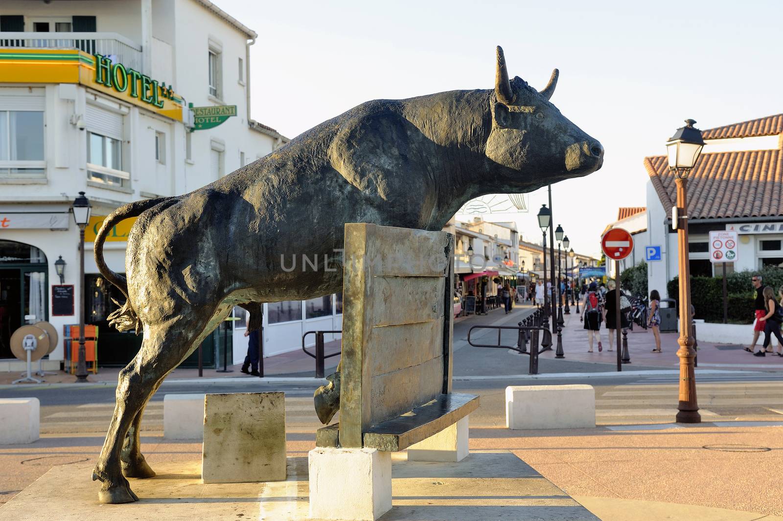 Vovo bull sculpture in the town of Saintes-Married-de-la-Mer in the Camargue center