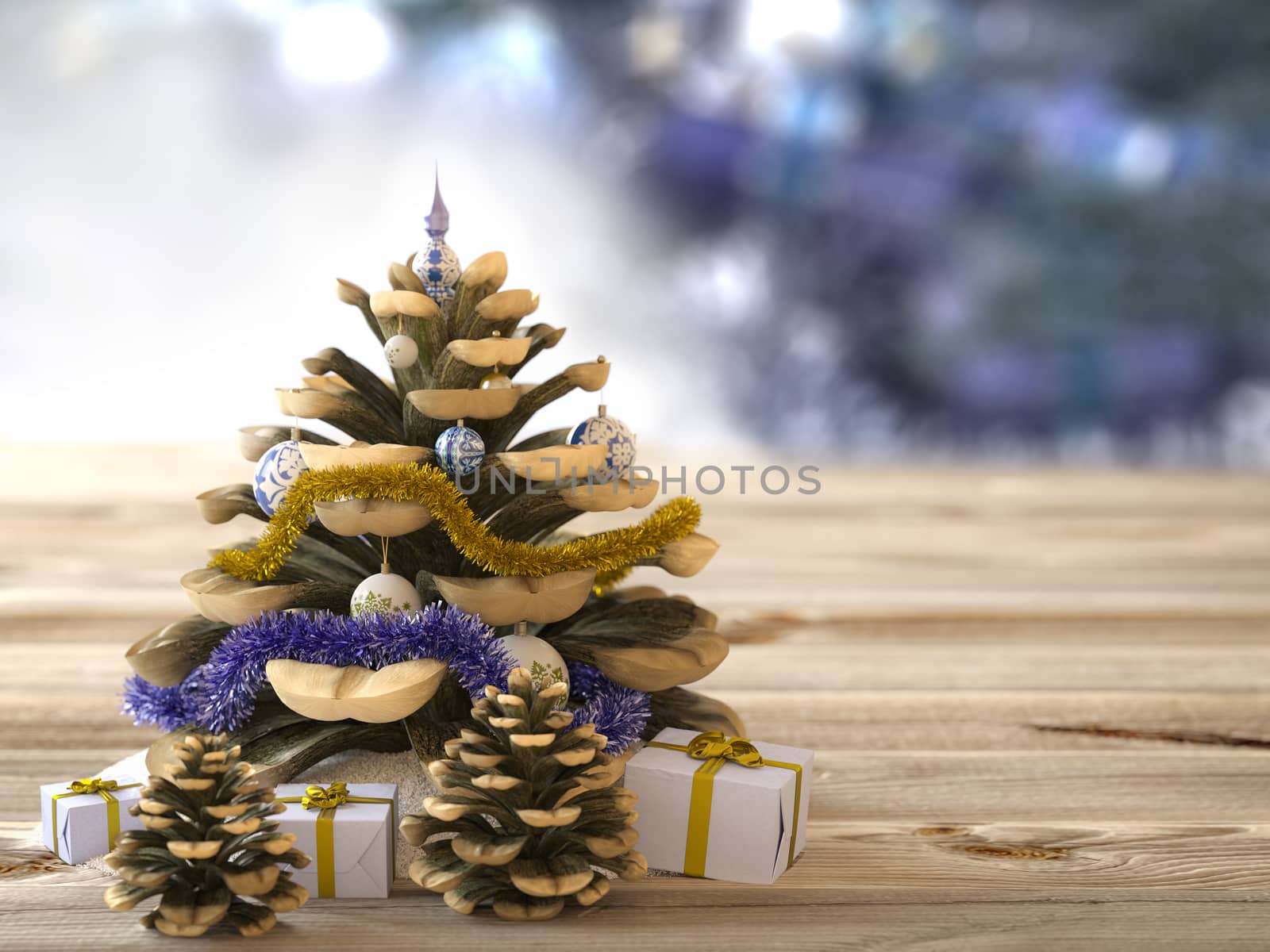 Christmas cone with gifts on wood texture concept holiday background by denisgo