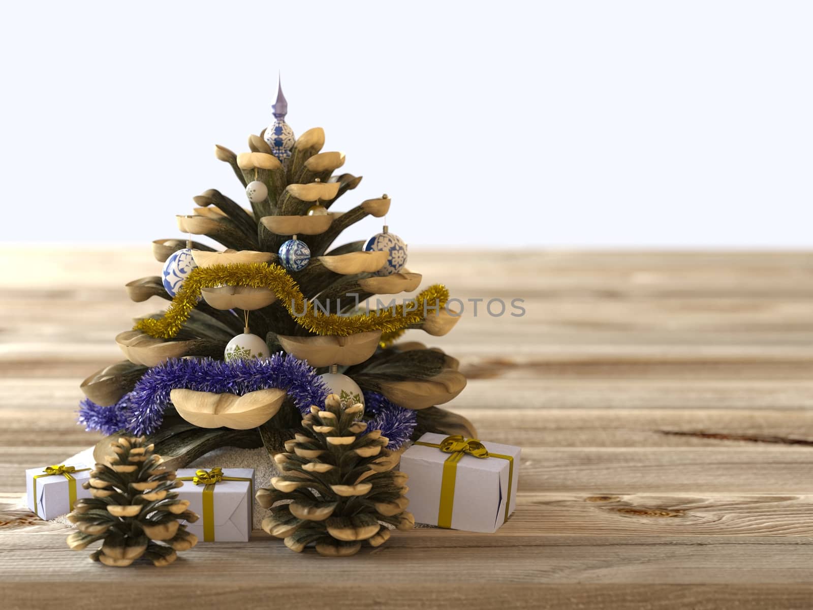 Christmas cone with gifts on wood texture concept holiday background by denisgo