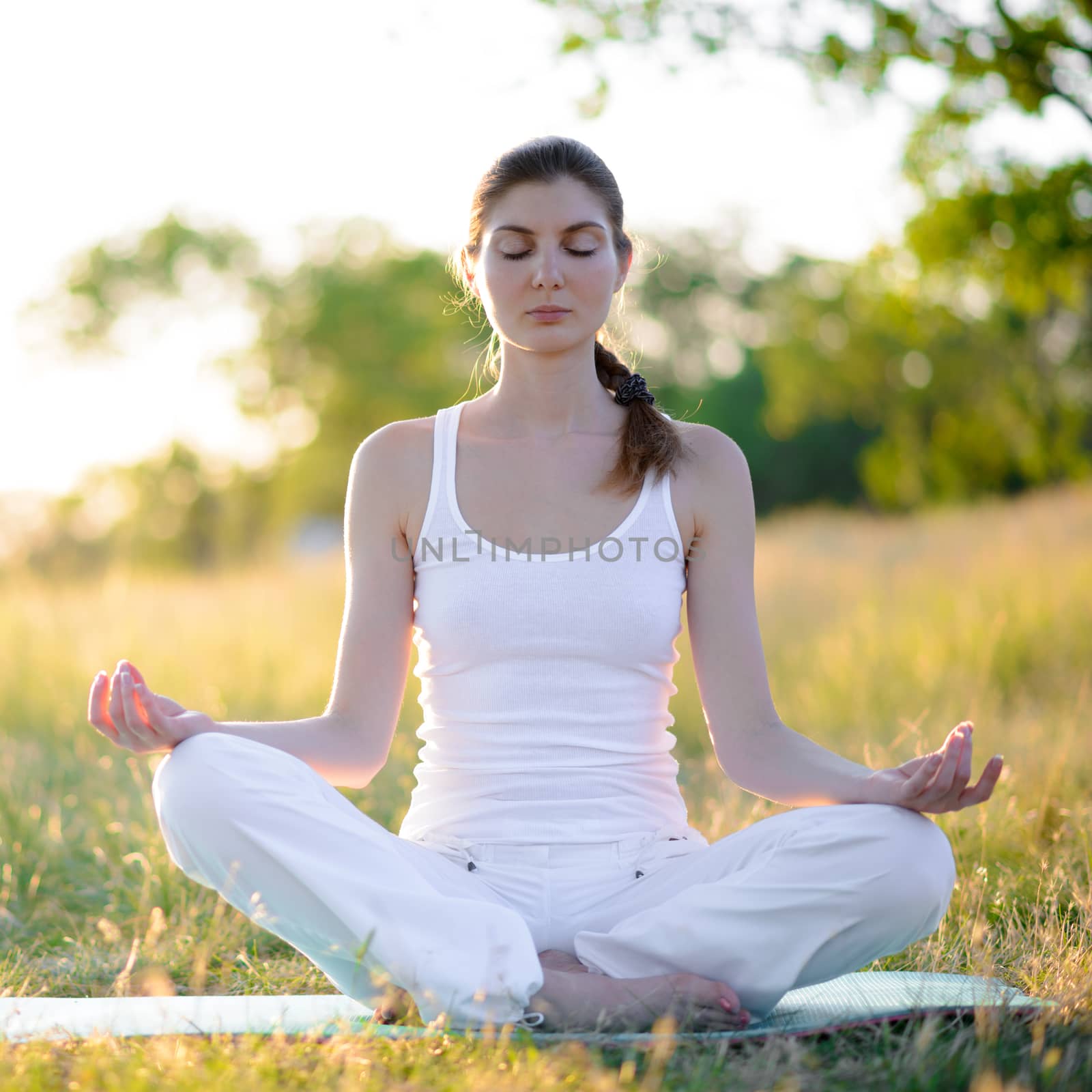 Young Beautiful Woman Practices Yoga on the Sunny Meadow by maxpro