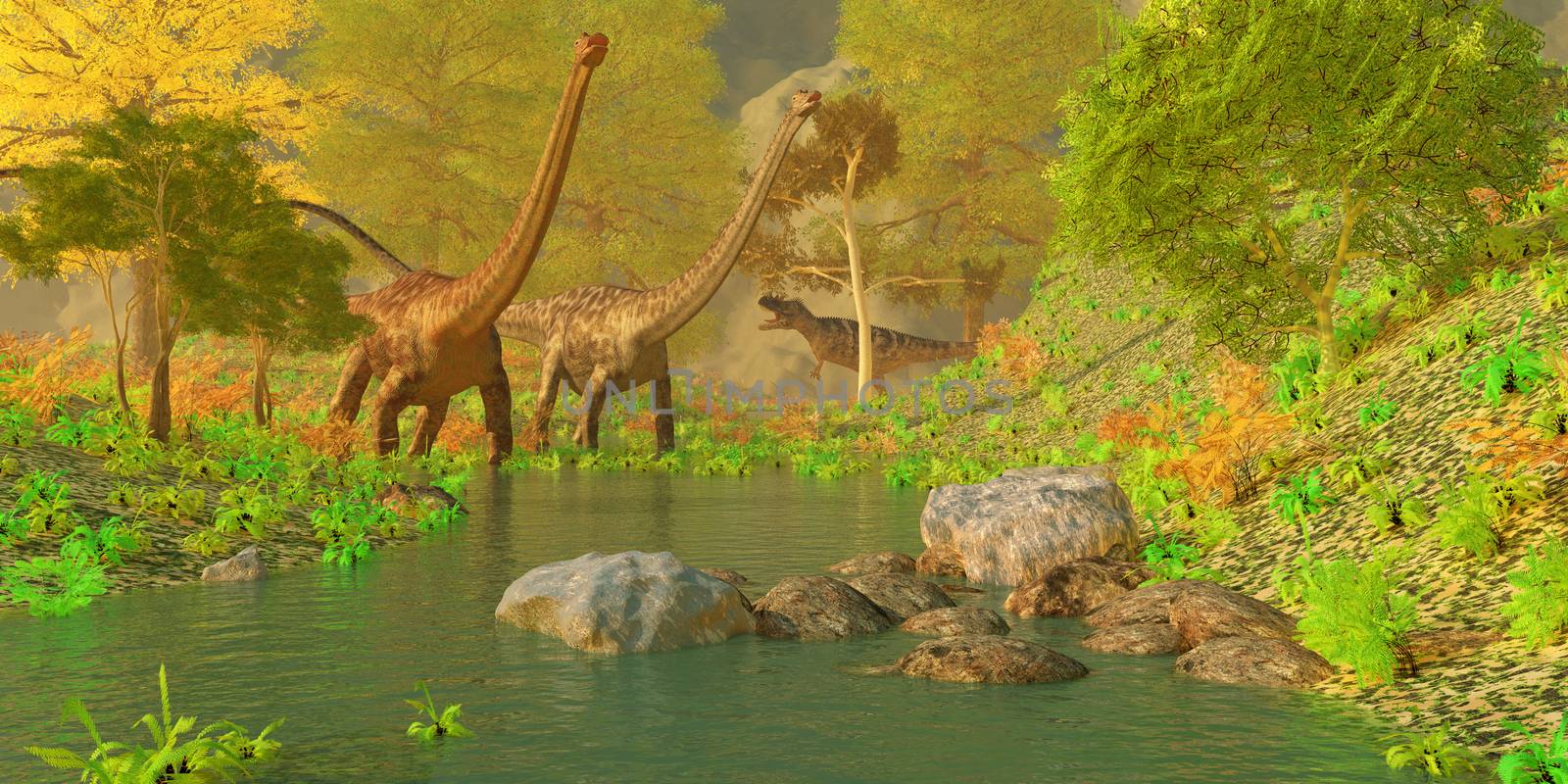 Two Diplodocus dinosaurs bellow in alarm as a theropod Ceratosaurus tries to sneak up behind them.