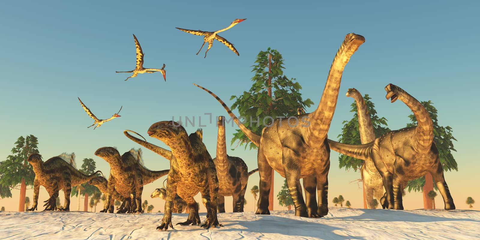 Quetzalcoatlus flying reptiles join Tenontosaurus and Argentinosaurus dinosaurs on a migration in search of water.