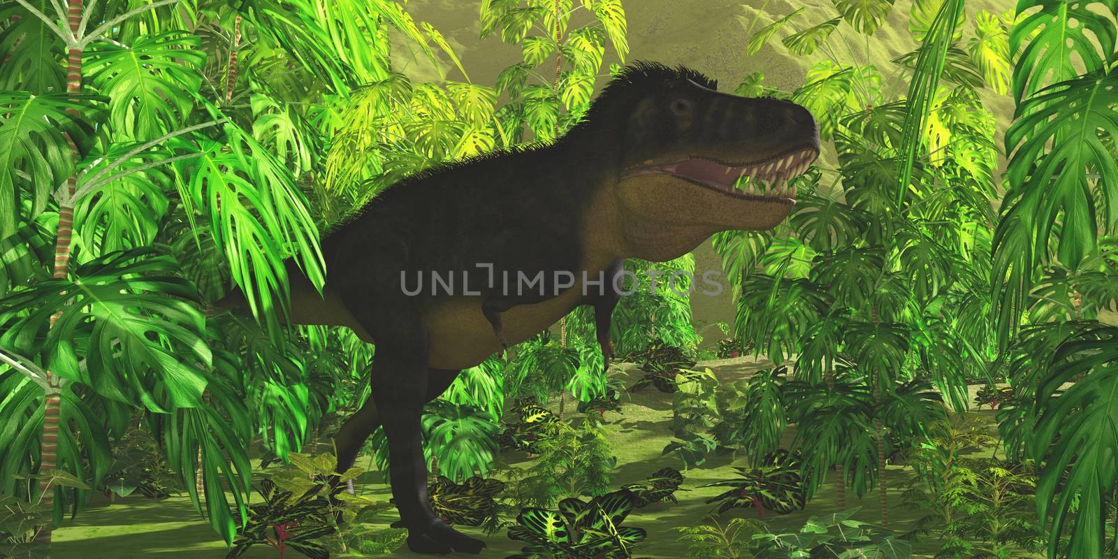 Thick jungle foliage hides a large Tyrannosaurus Rex dinosaur as he hunts for prey.