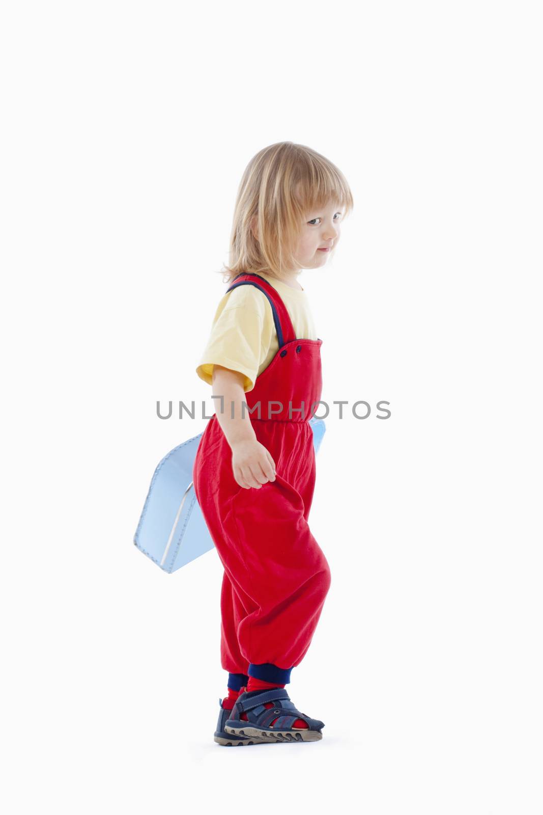 boy with long blond hair and suitcase isolated on white