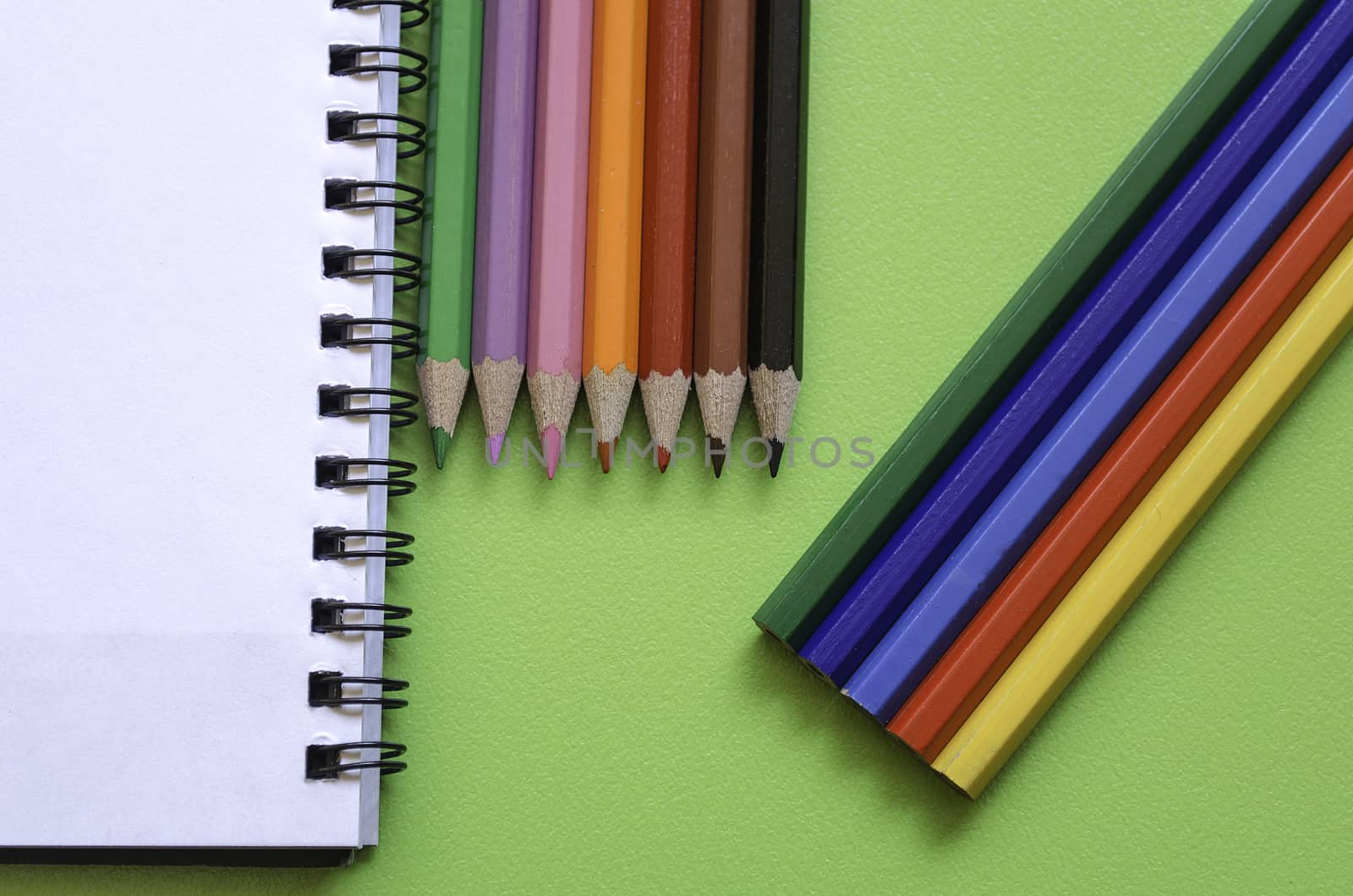 Colorful pencil crayons on a green background, back to school