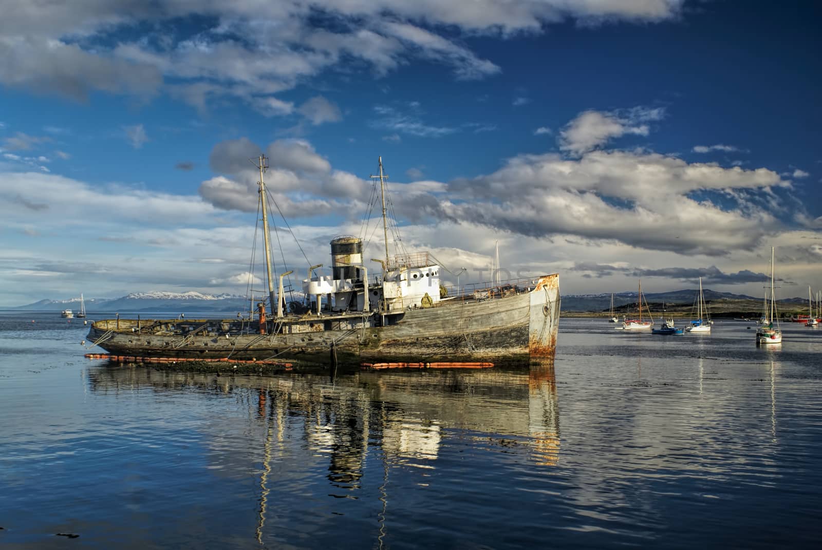 Picturesque view of an old ship in the port in Ushuaia                   