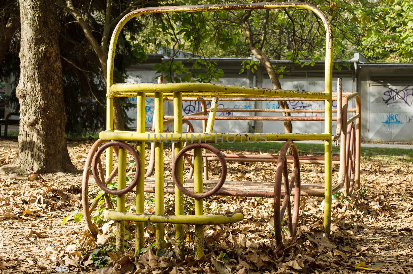 Playground yellow truck retro spring close up