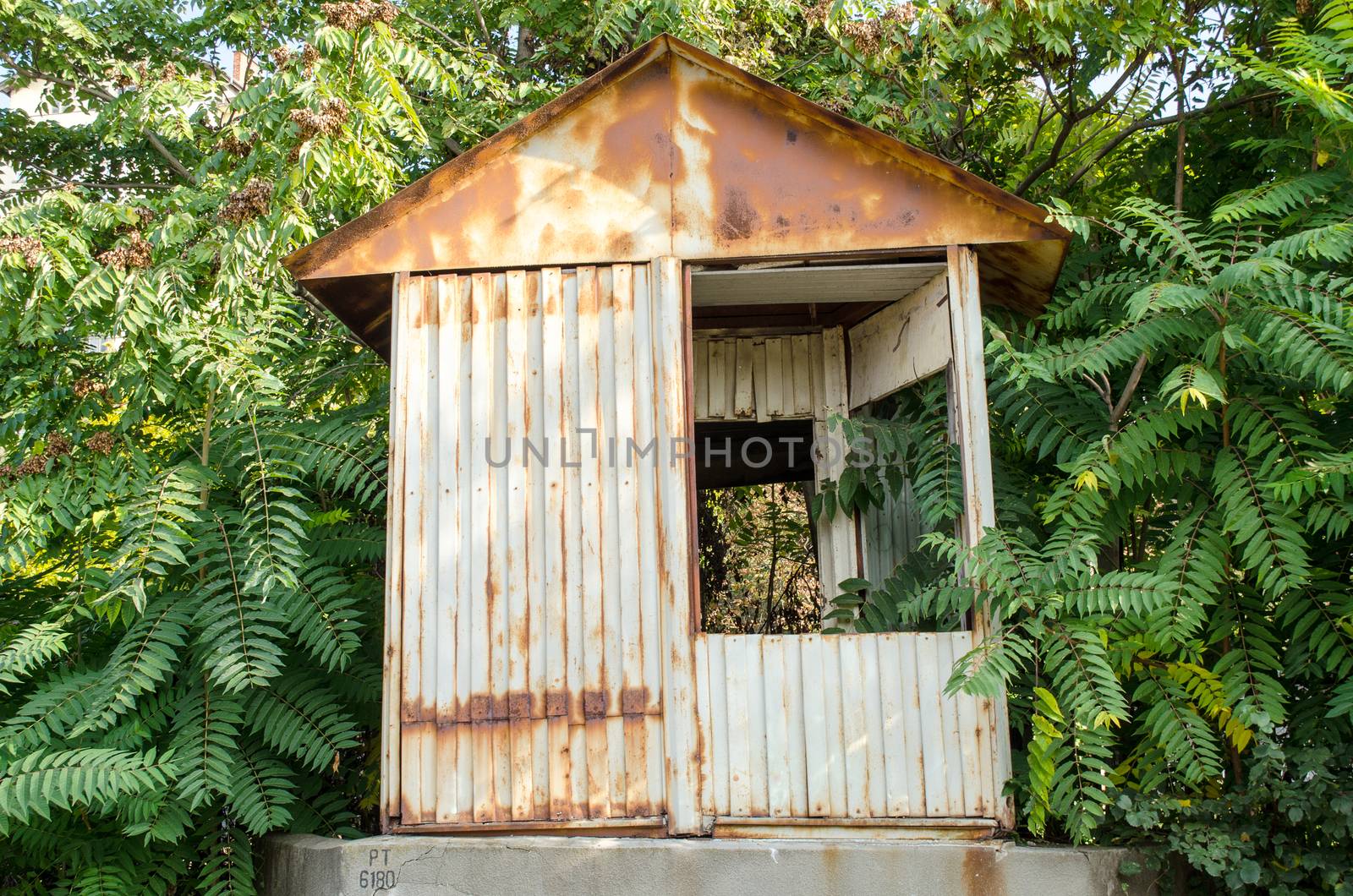 Abandoned old rusty shed in paddy field