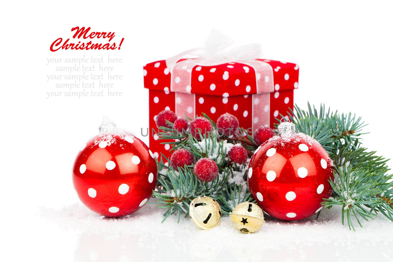 Christmas balls and fir branches with decorations isolated over white