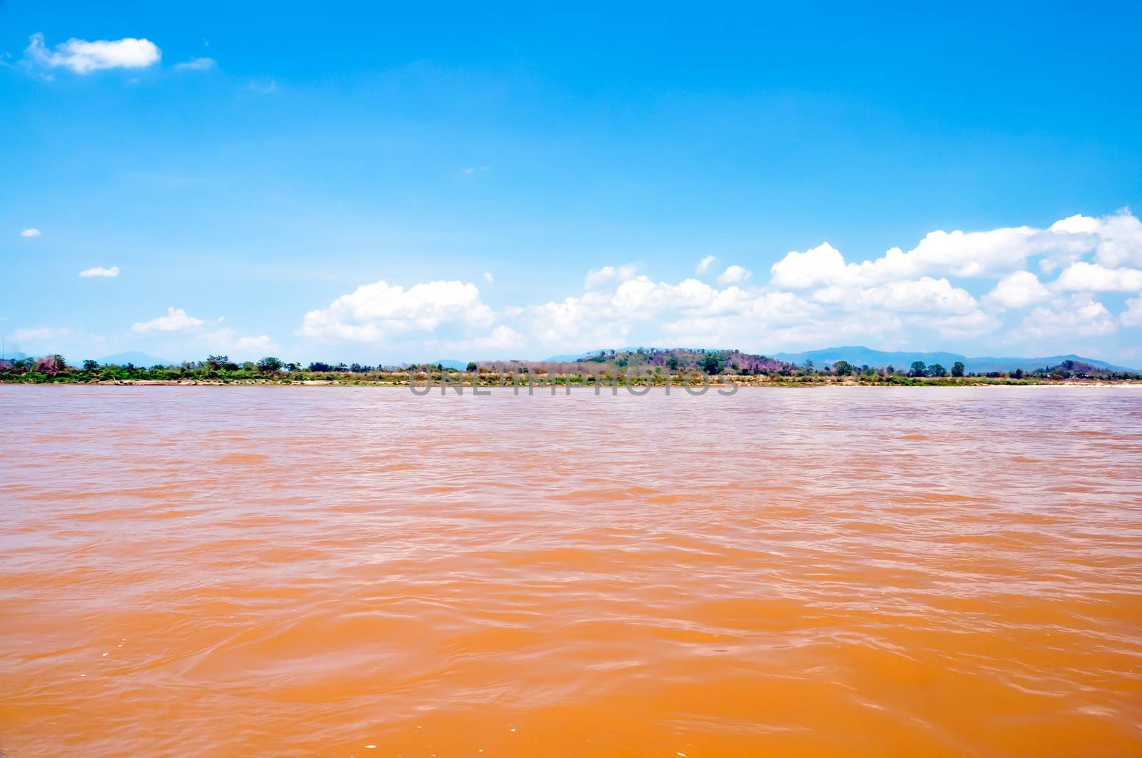 Landscape of the Mekong River at the Golden Triangle, border with Thailand and Laos.