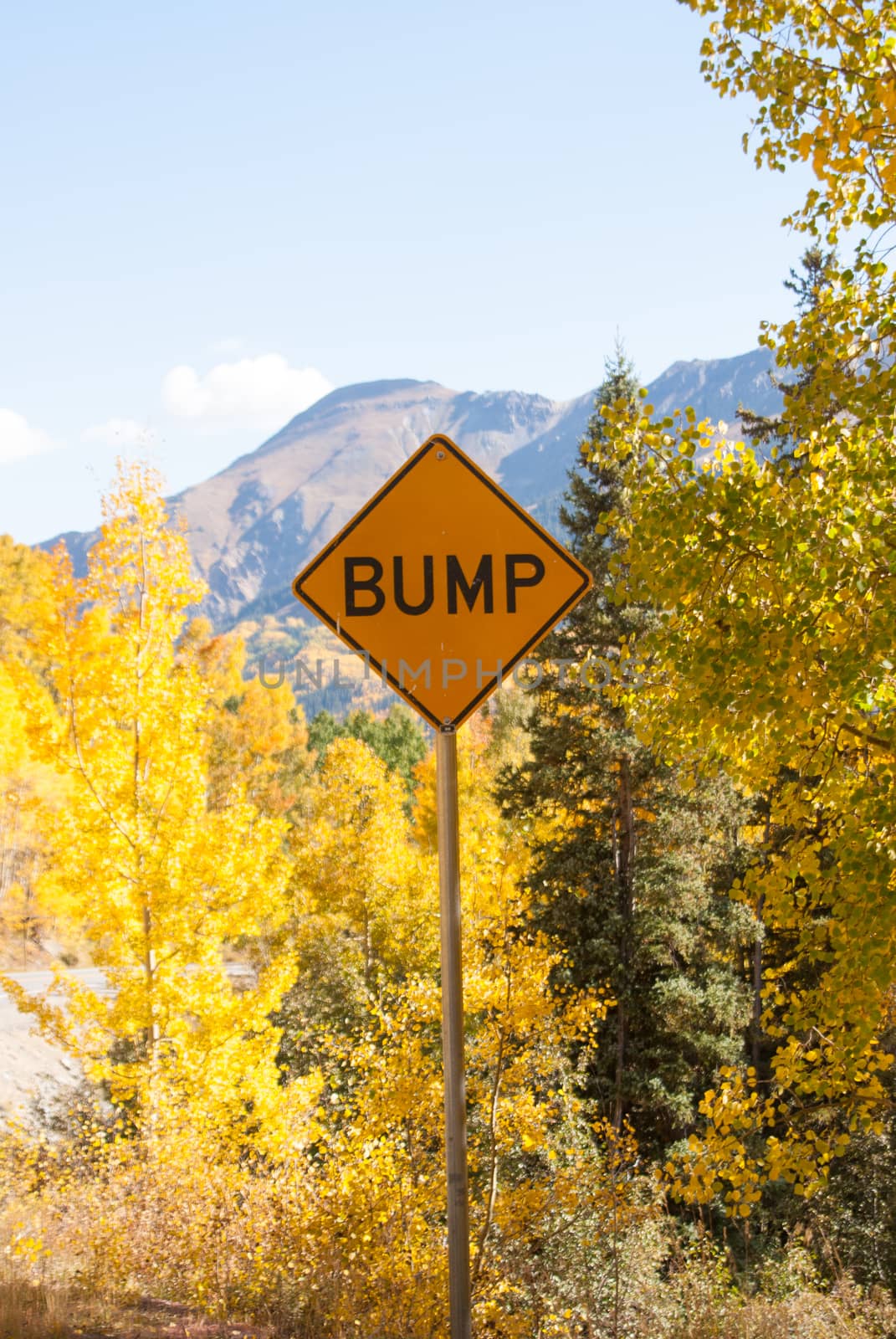 Road sign for Bump in Colorado mountains in Fall