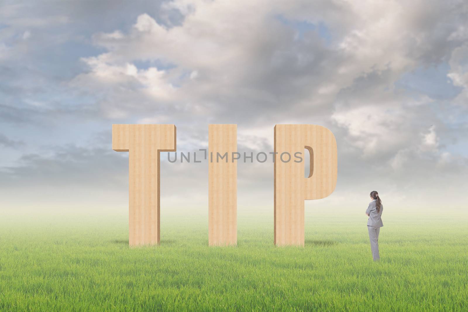 Concept of tip, advice, conference etc with 3d text under sky on the outdoor grassland and one Asian business woman thinking about it.