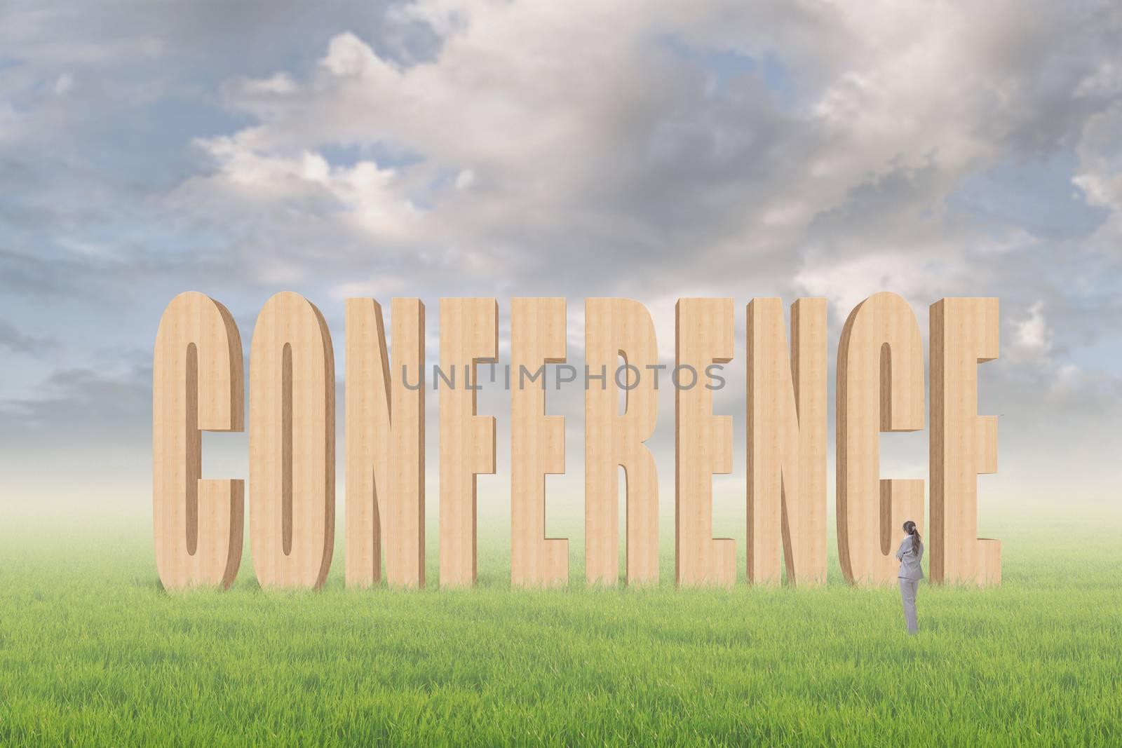 Concept of tip, advice, conference etc with 3d text under sky on the outdoor grassland and one Asian business woman thinking about it.