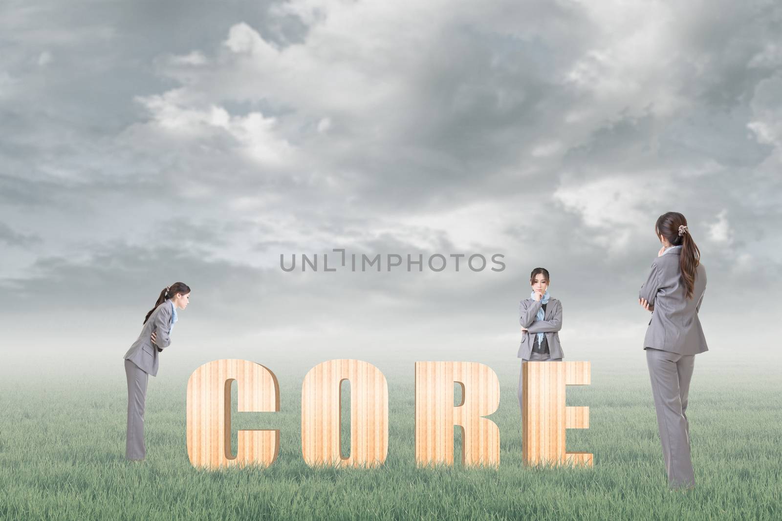 Concept of focus, point, center etc with 3d wooden text and businesswoman under copyspace sky. The Asian woman is the same one.