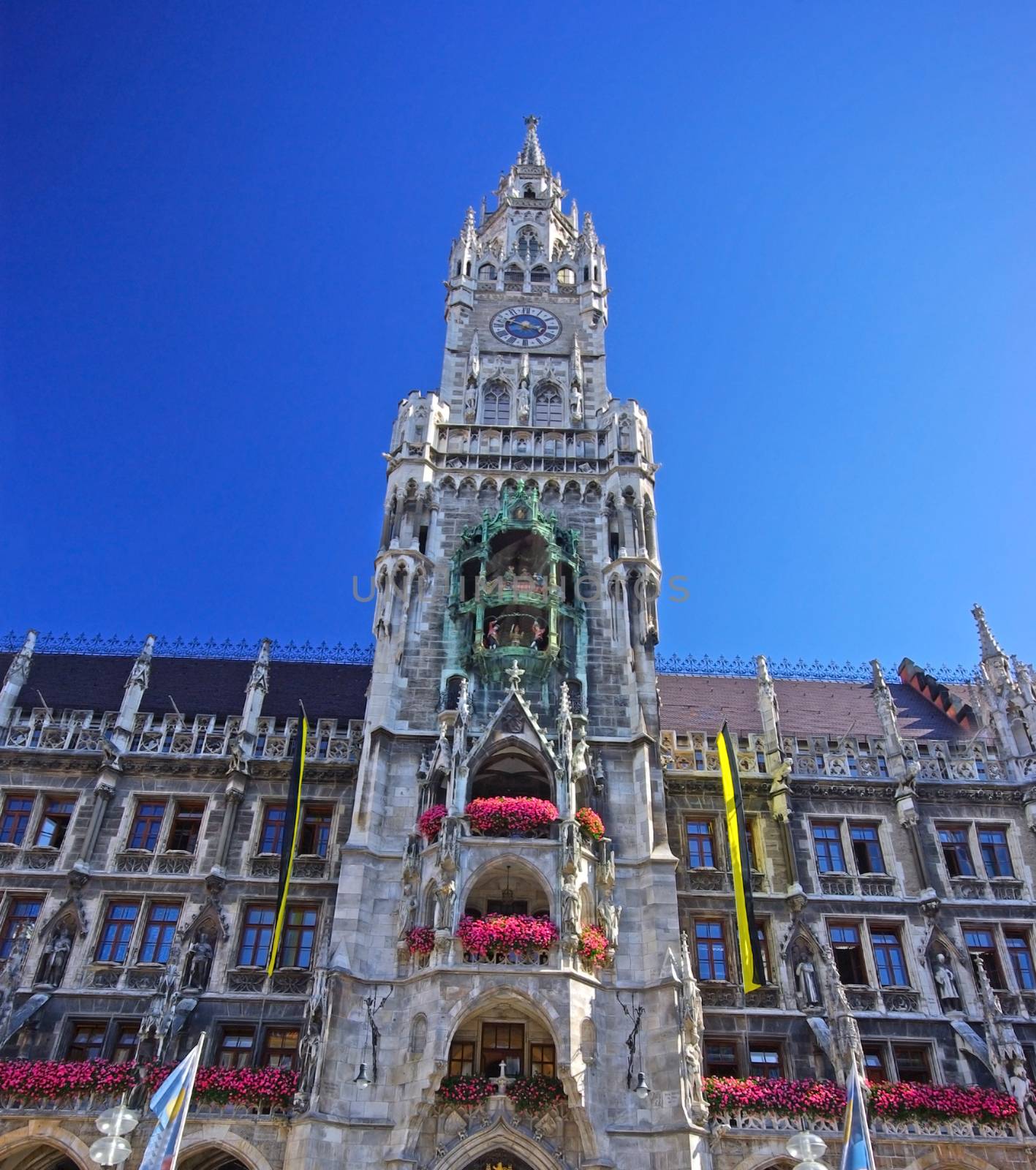 Beautiful tower of town hall in Munich, Germany (Marienplatz).