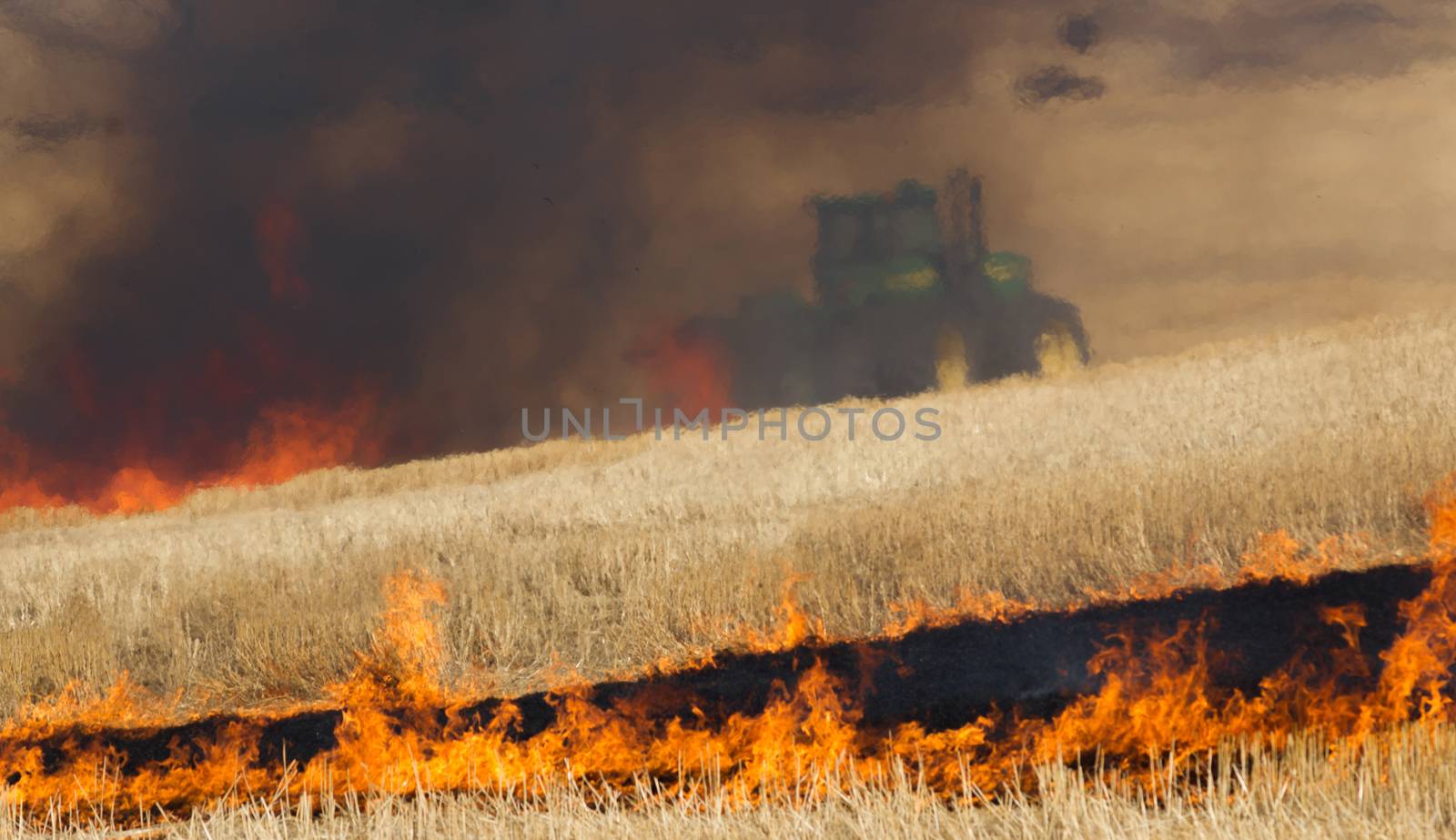 Agricultural Farmers Burn Plant Stalks Harvest Fire Tractor by ChrisBoswell