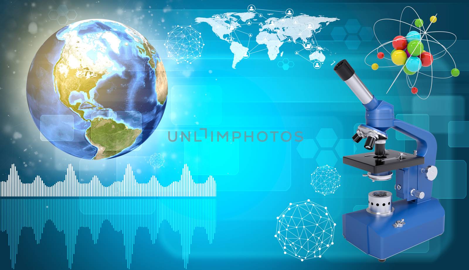 Earth, microscope and model of molecule. Graphs and world map as backdrop. Element of this image furnished by NASA