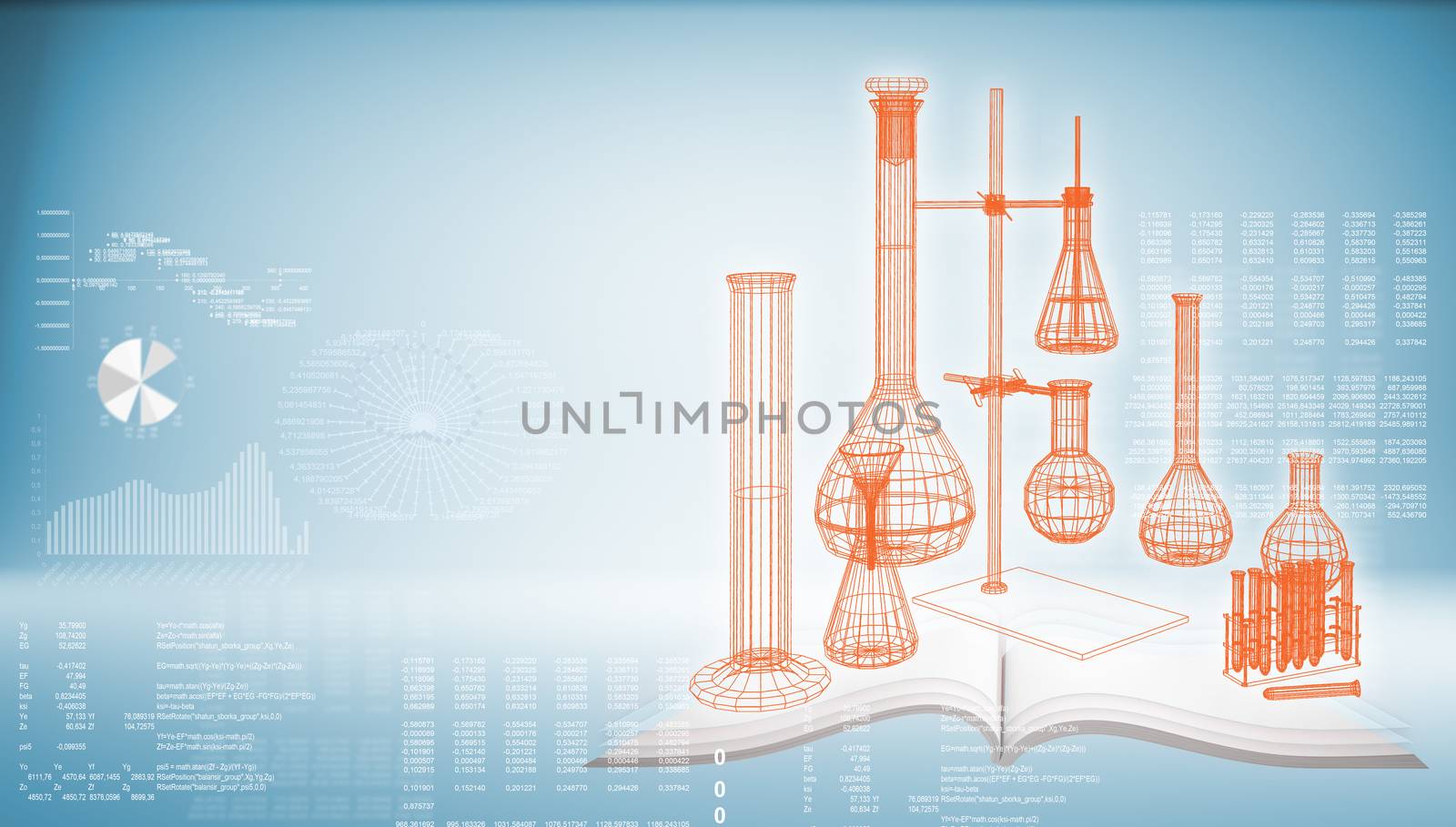 Test tubes and flasks on open book. Wire-frame render. Graphs and text rows as backdrop