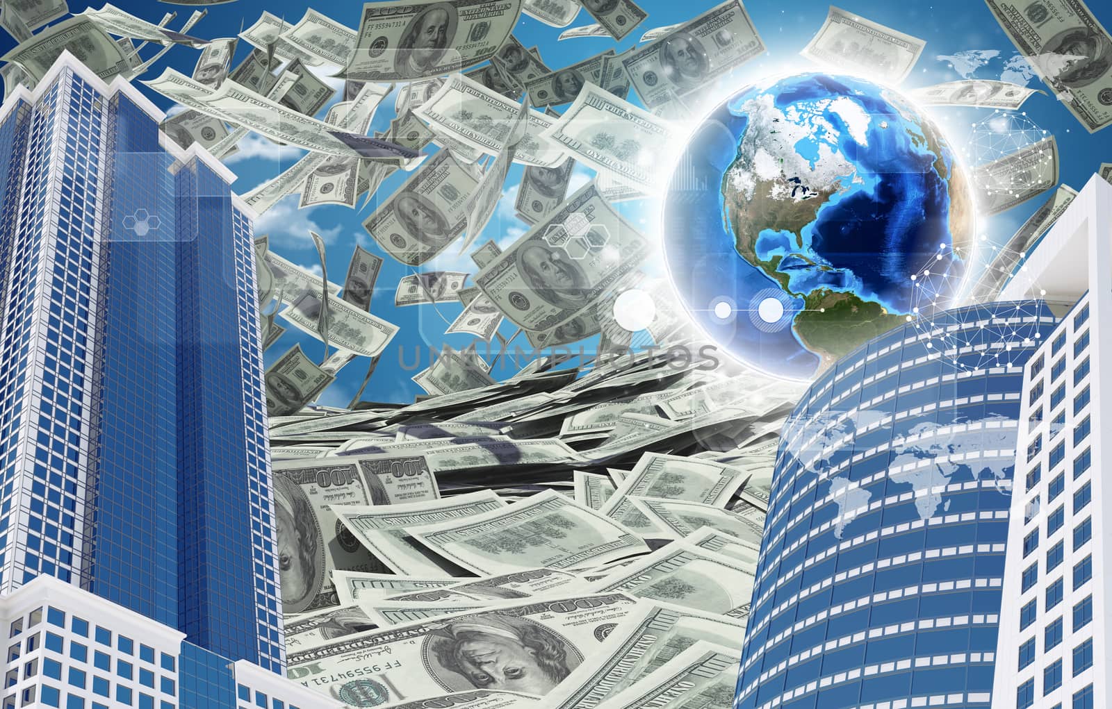 Buildings and Earth. Dollars falling from the sky by cherezoff