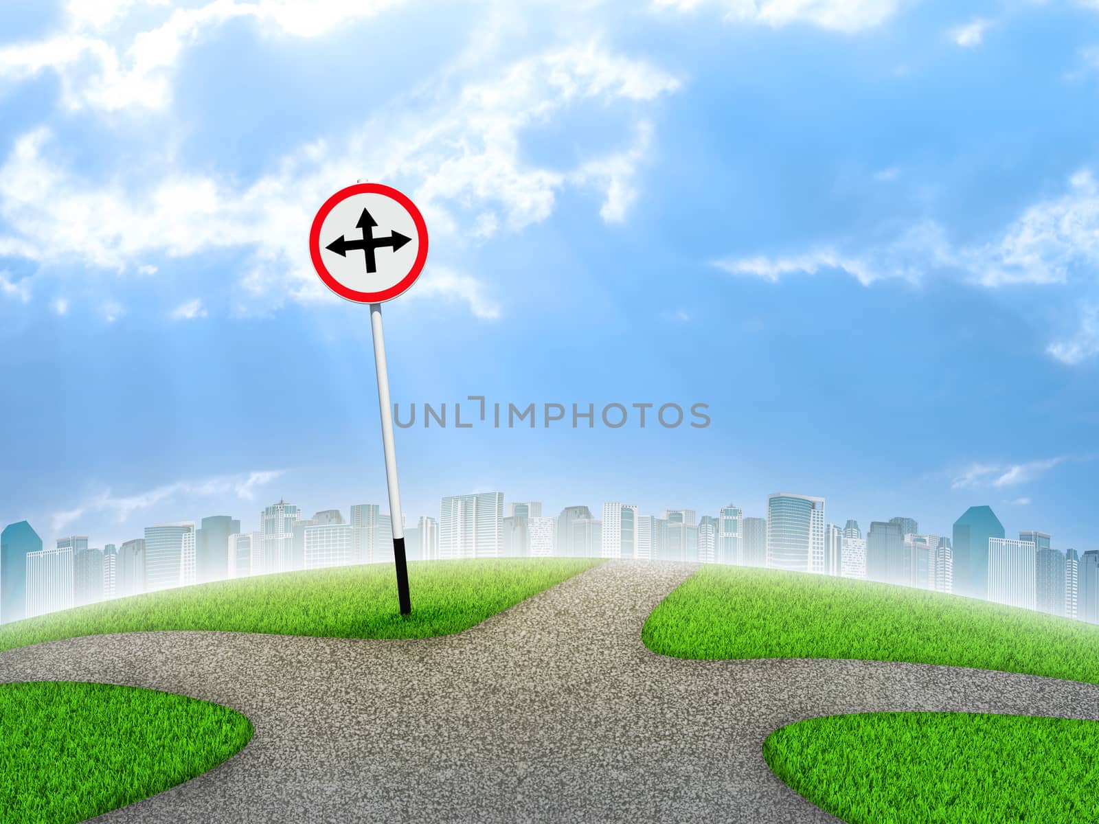 Crossroads road sign. City, green grass, fork in the way and sky as backdrop