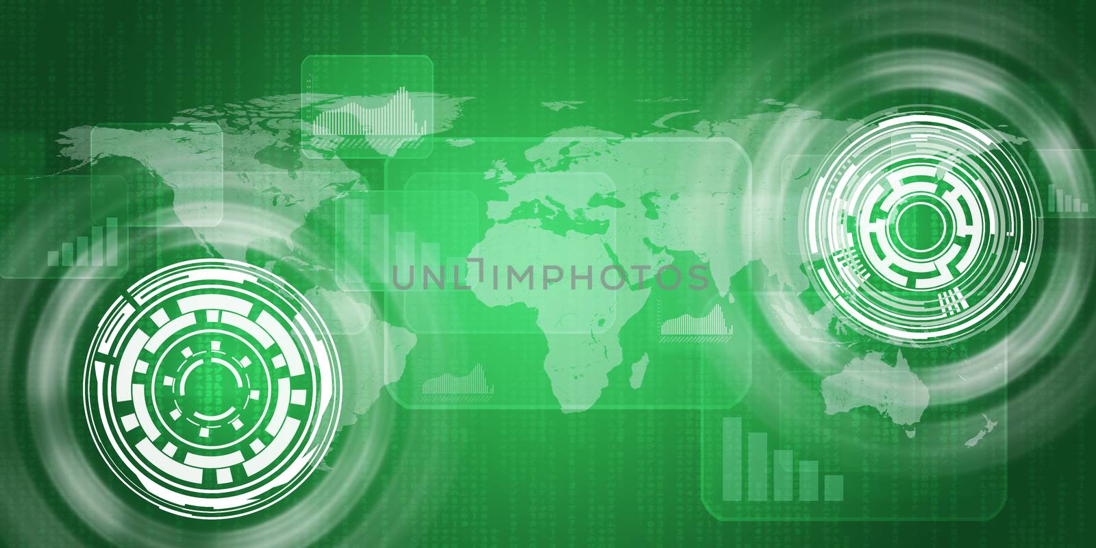Technology concept consits of world map, graphs and circles. Green background