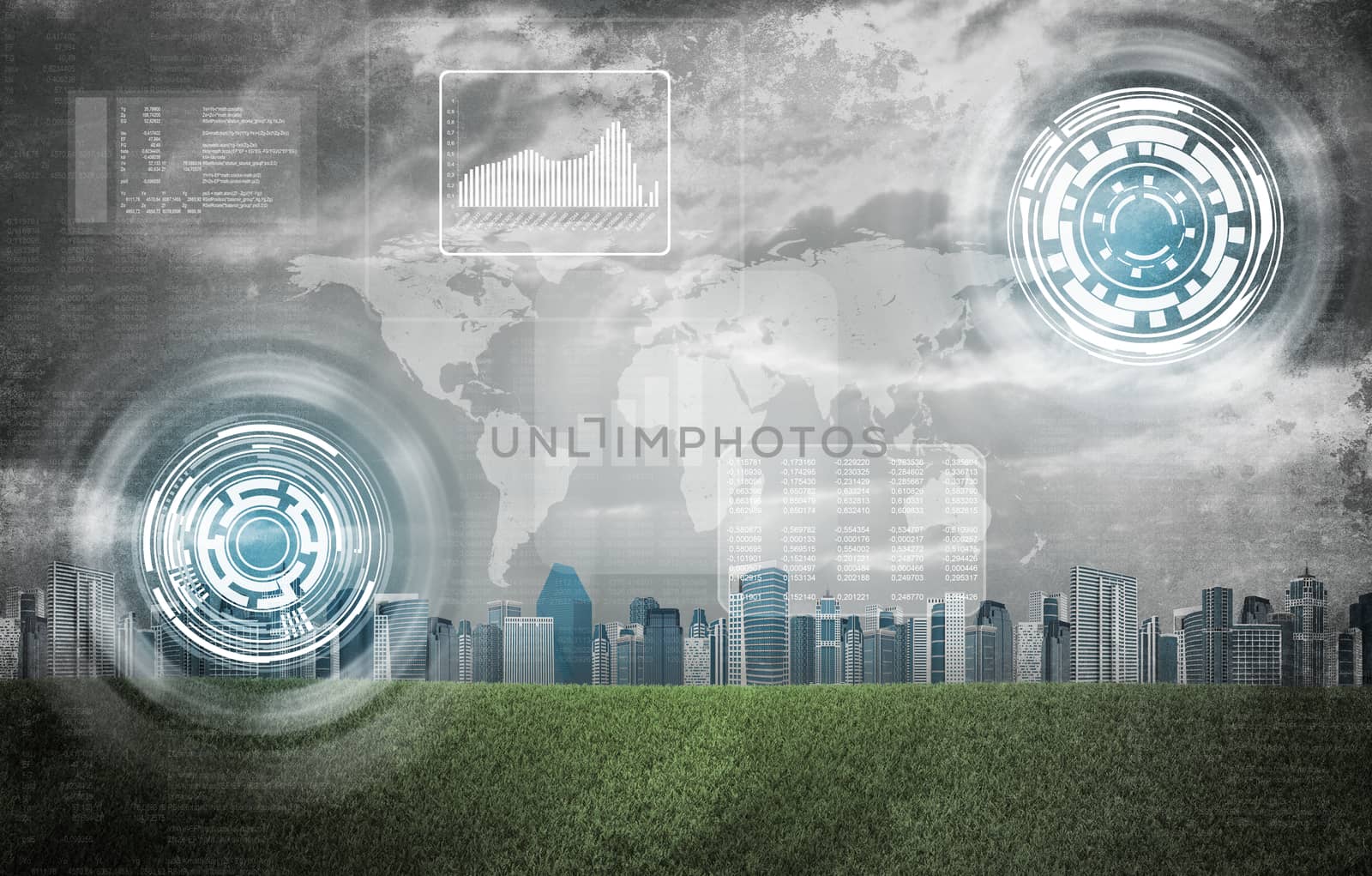 World map, graphs and circles. Buildings and green grass field as backdrop. Grunge style