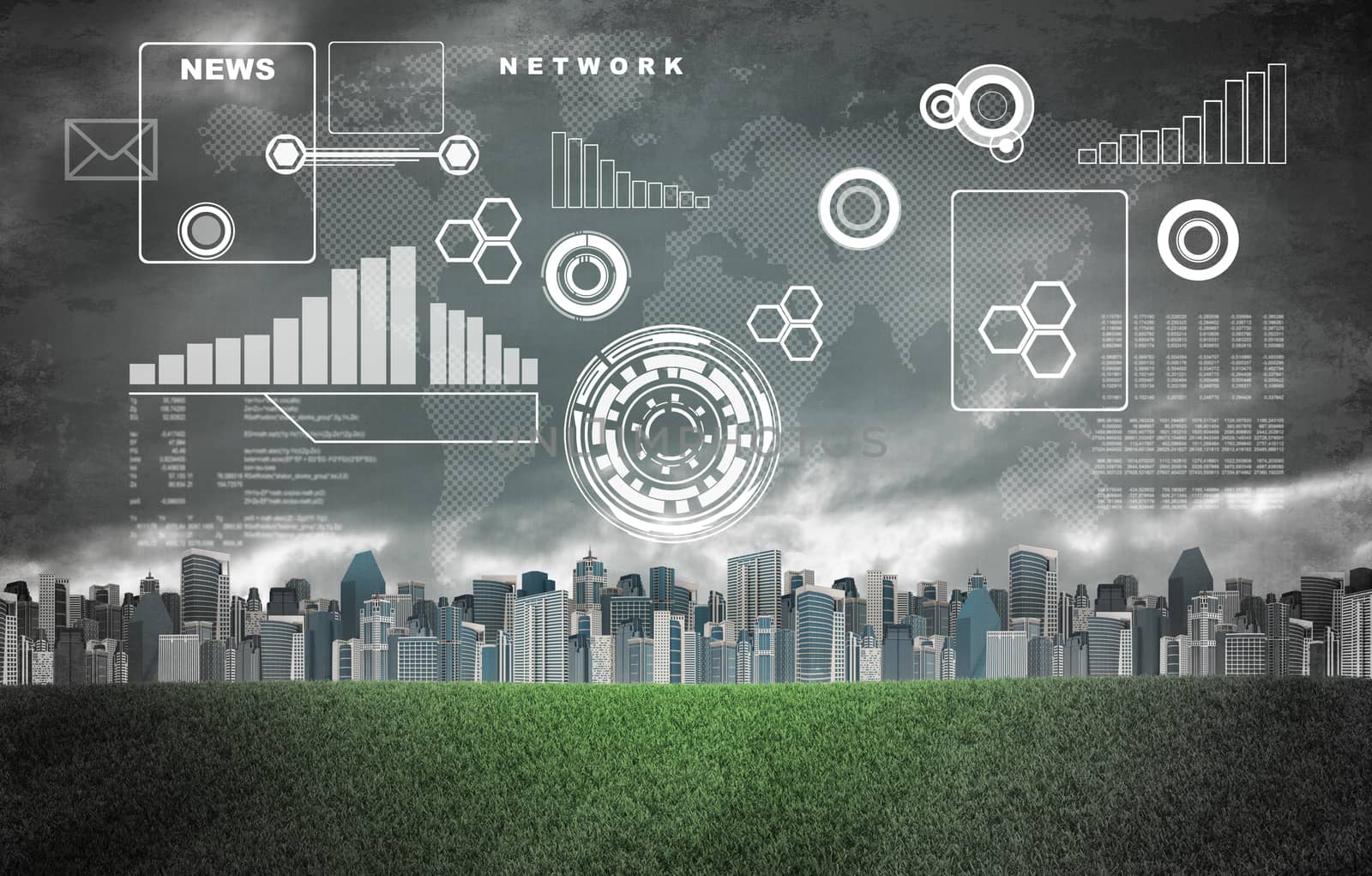 World map, graphs and circles. Buildings and green grass field as backdrop