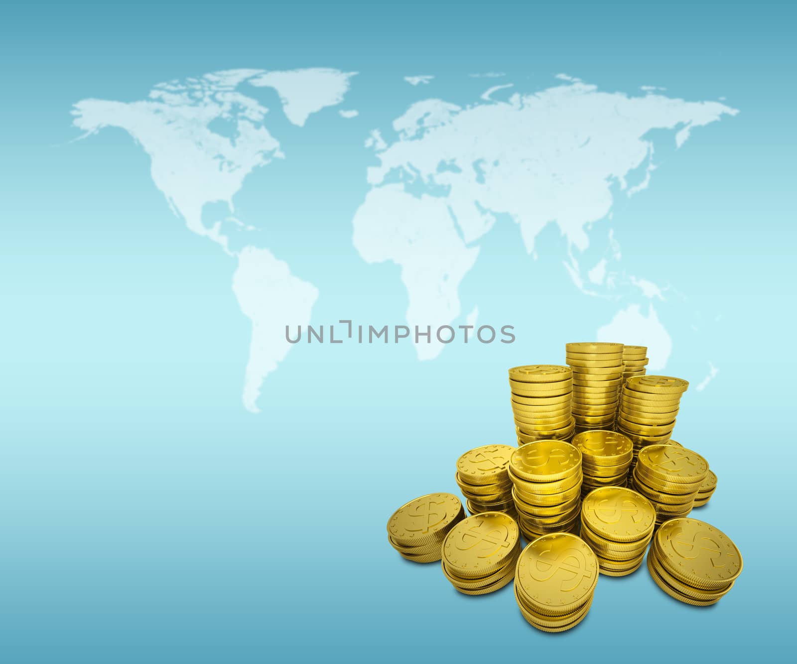 Stack of gold dollars and world map by cherezoff