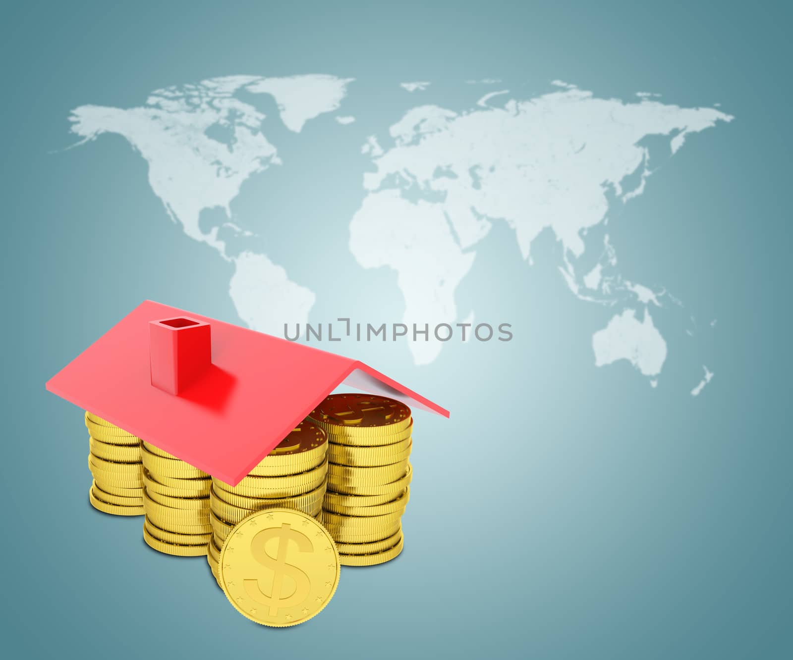 Gold coins stacked in form of house with roof. World map on background