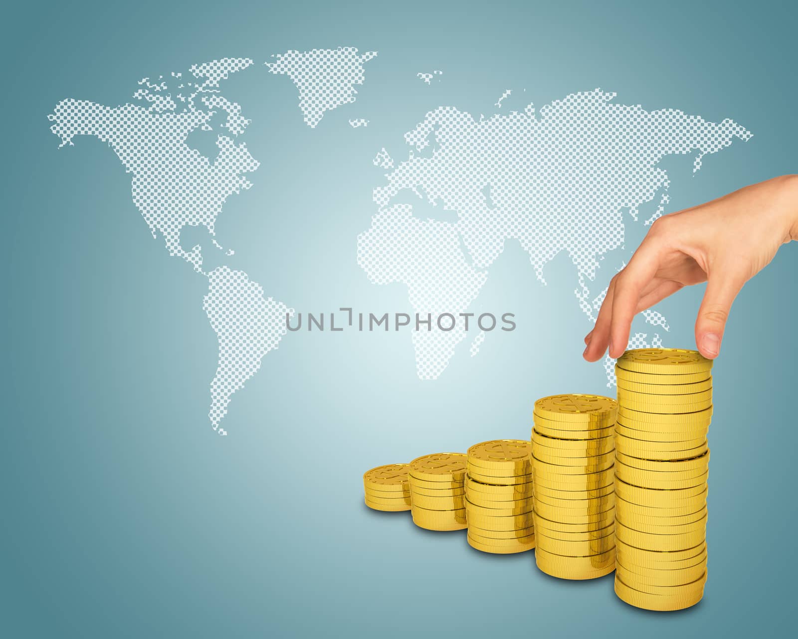 Female hand puts coin on pile of coins by cherezoff