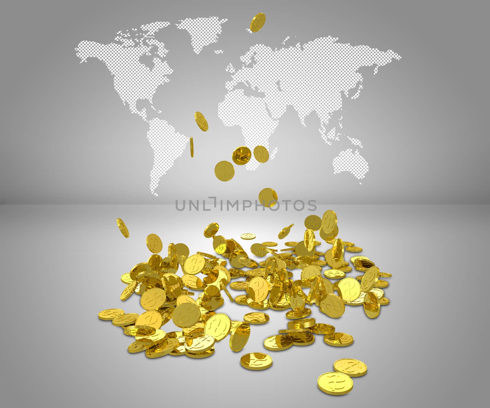 Gold dollars fall to floor. World map on background