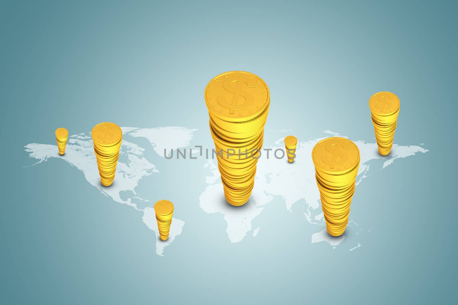 Stacks of gold dollars on world map by cherezoff
