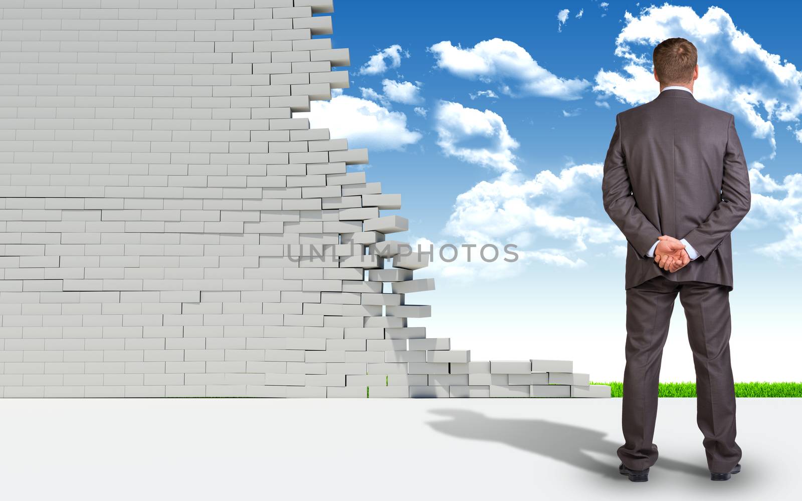 Businessman and ruined brick wall with nature landscape by cherezoff