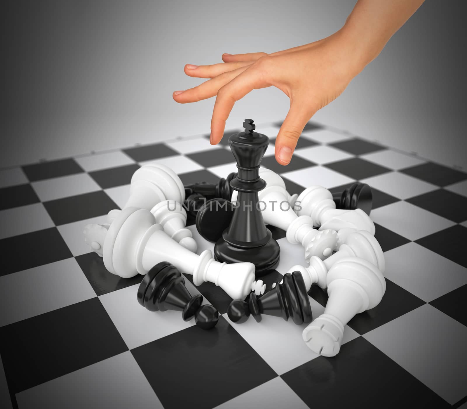 Woman hand touching king figure on chess board. Gray background. Business concept
